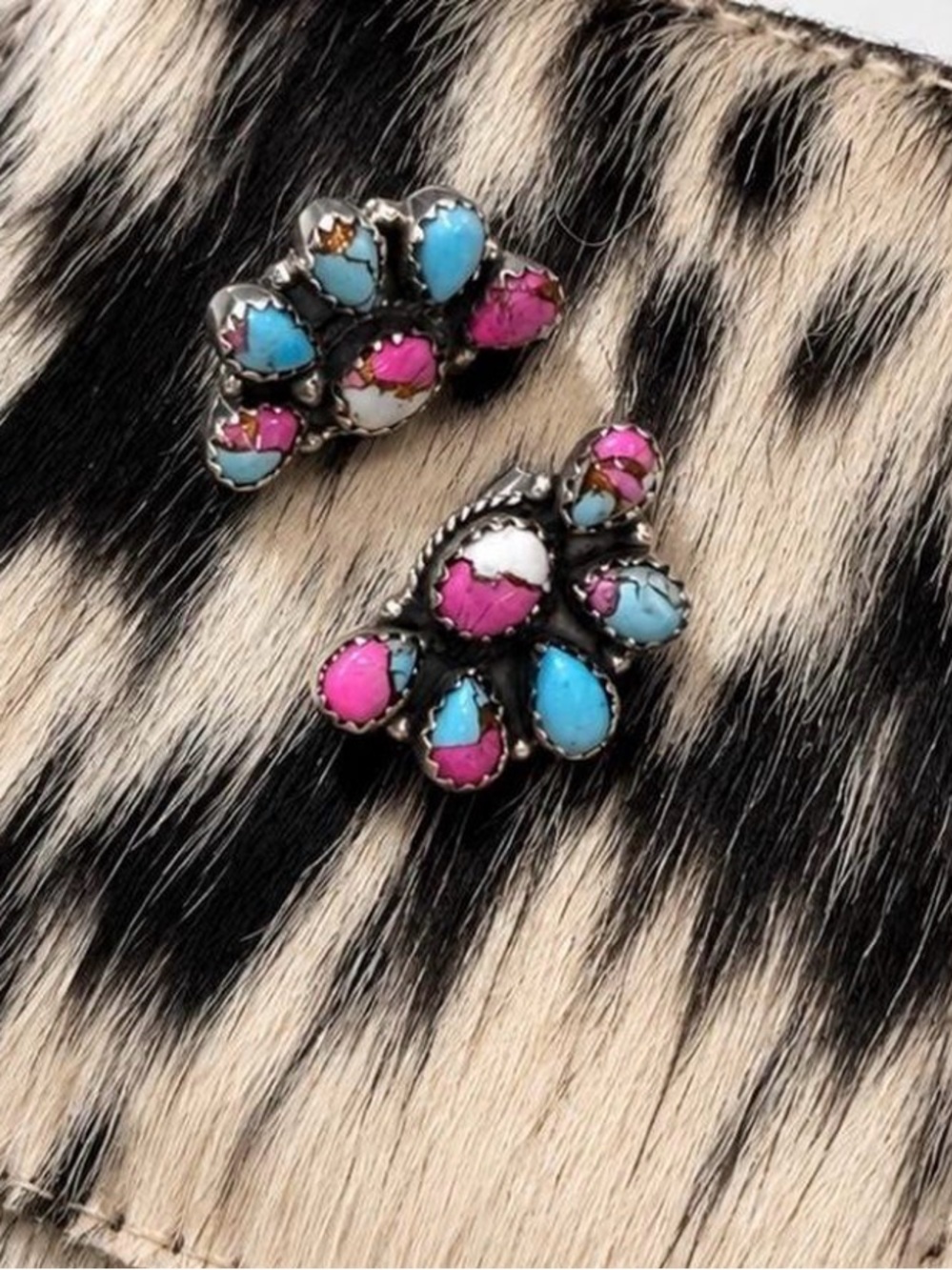 .925 Sterling Silver Cotton Candy Turquoise Cluster Earrings